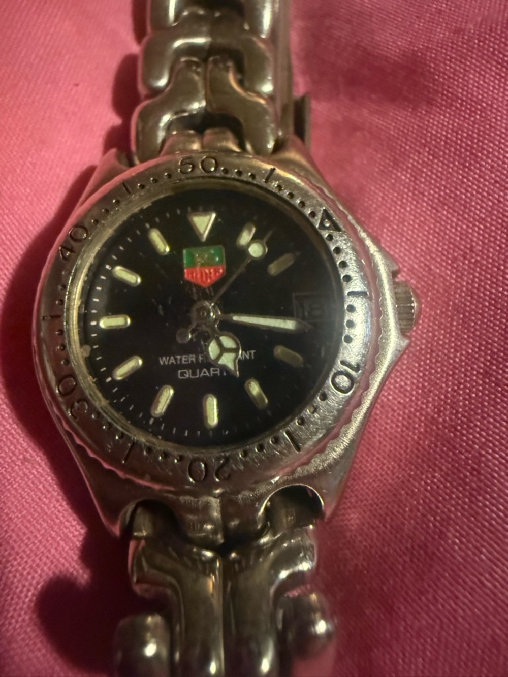 Tag heuer Stainless Steel Black Dial Quartz Watch with Green-Red Shield Logo